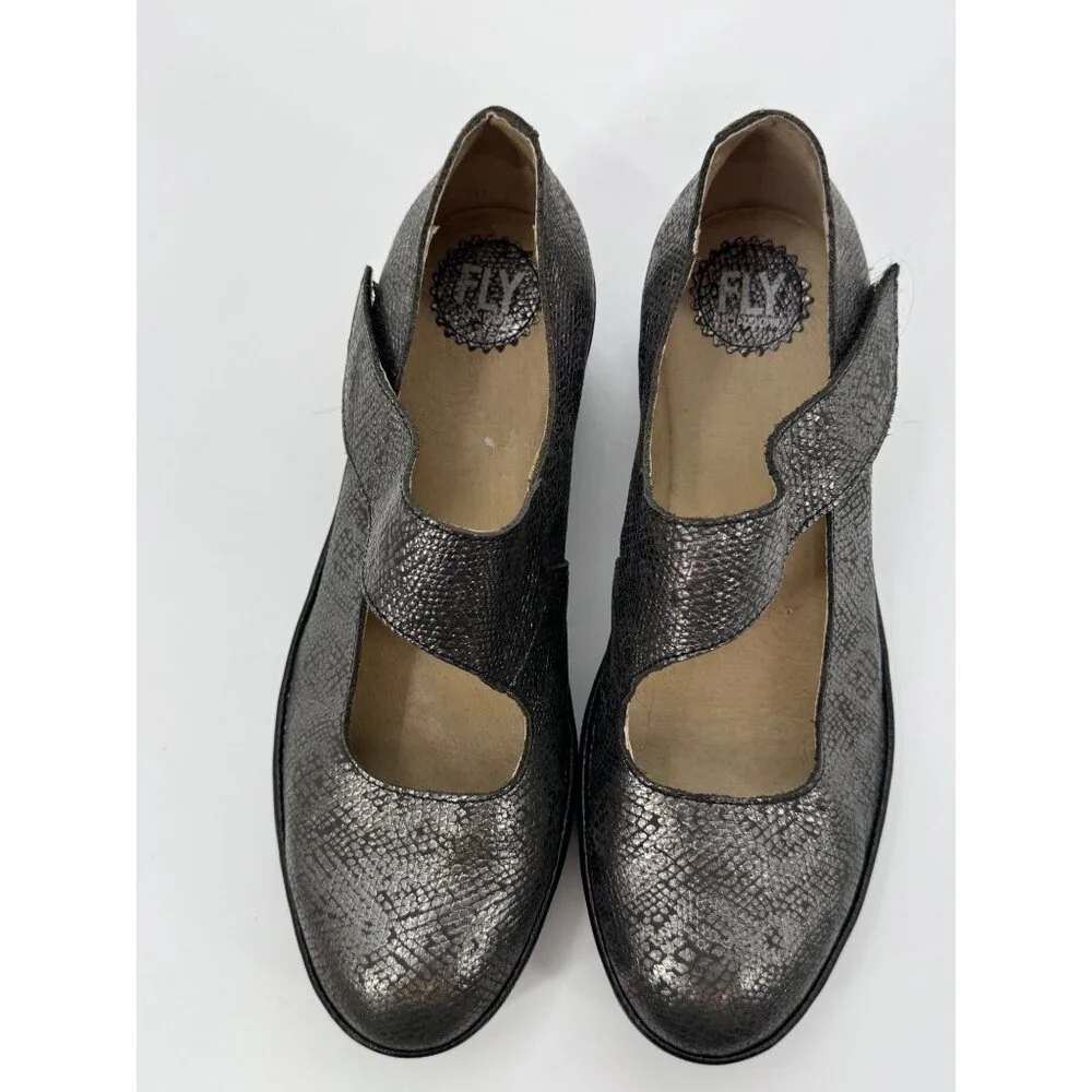 Fly London Metallic Snake Print Mary Jane Comfort Wedge Shoes EU 42 US 10.5 - 11